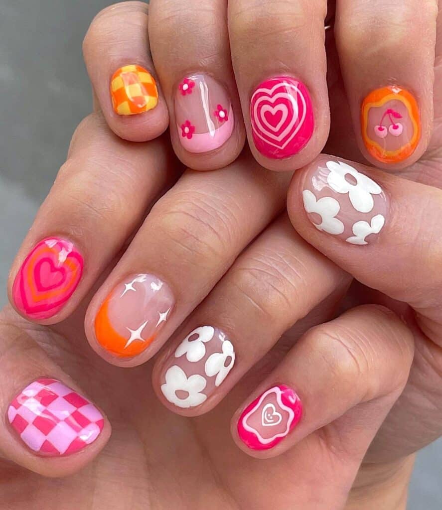A collection of vibrant and artistic summer nail art on impeccably groomed nails.