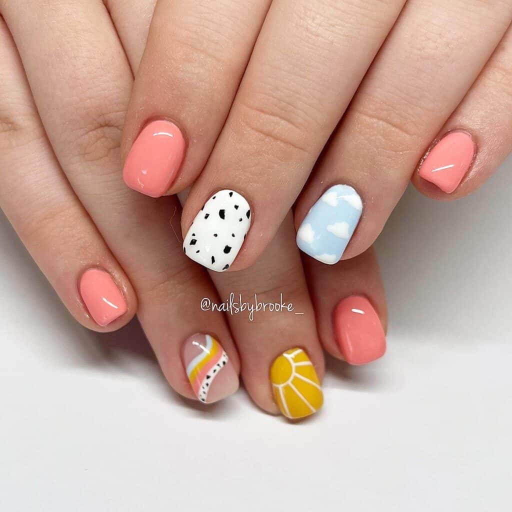 A collection of vibrant and artistic summer nail art on impeccably groomed nails.