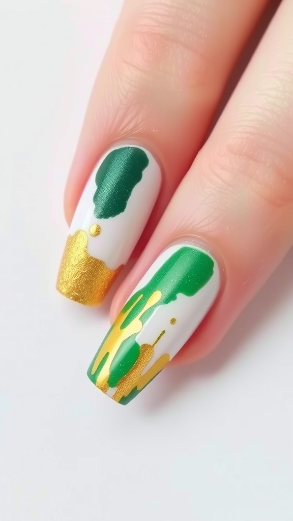 Nail art design with green and gold splashes on a white background.