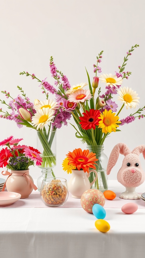 A vibrant Easter table setting featuring colorful floral arrangements and decorative eggs.