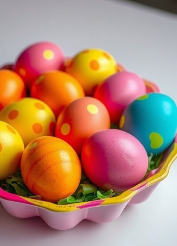 Colorful Easter eggs painted with bright neon spray paint in a pink egg holder.