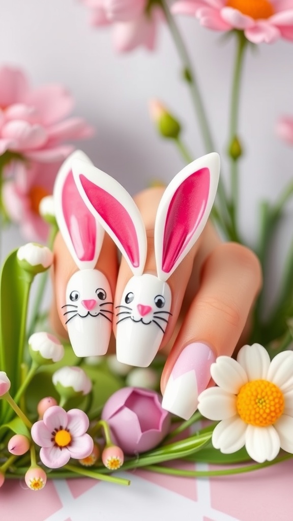 Nail art featuring bunny ears and whiskers with flowers in the background.