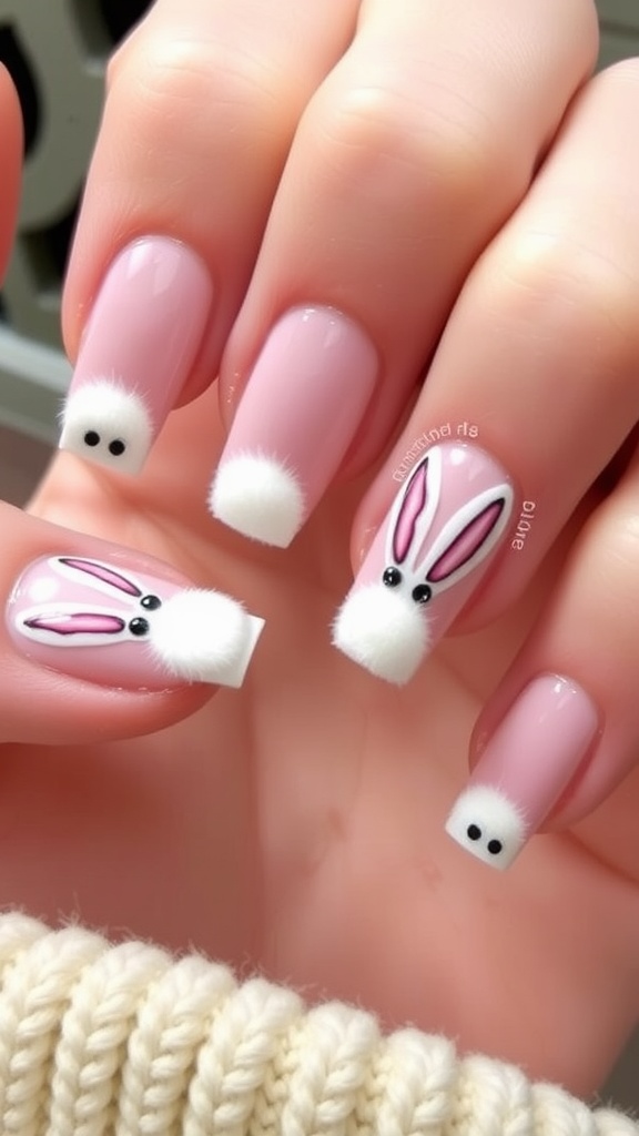 Nail art featuring carrots and Easter eggs in vibrant colors.