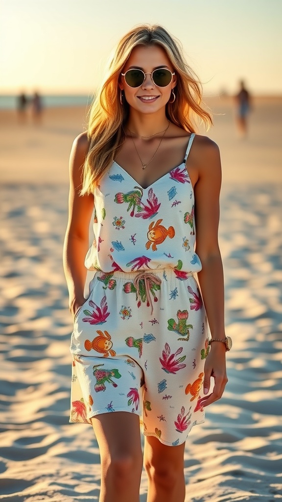 A woman wearing a colorful casual romper with patterns, walking on the beach