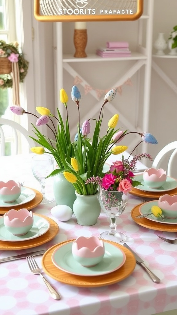 Chalkboard menu display for Easter with a decorated table featuring colorful eggs and flowers