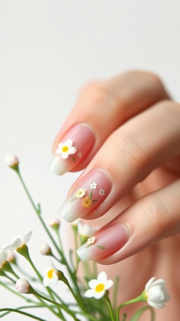 Nails painted with delicate flower designs, showcasing a light pink gradient and small floral patterns.