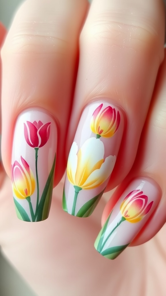 A colorful nail art design featuring chicks and decorated Easter eggs.