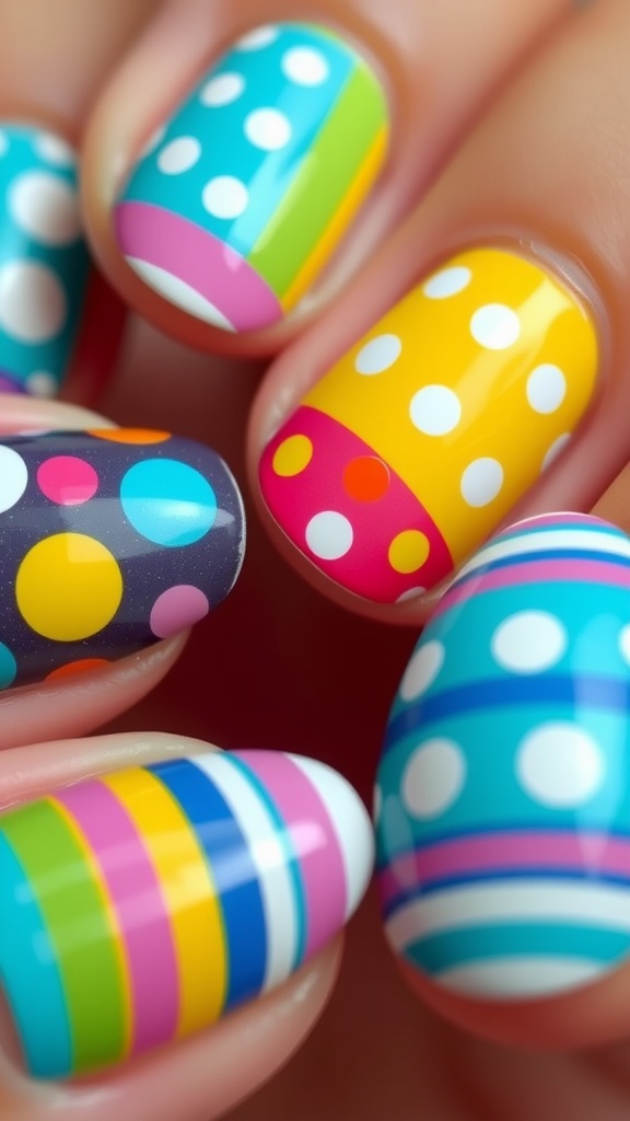 Colorful Easter-themed nail art with polka dots and stripes.