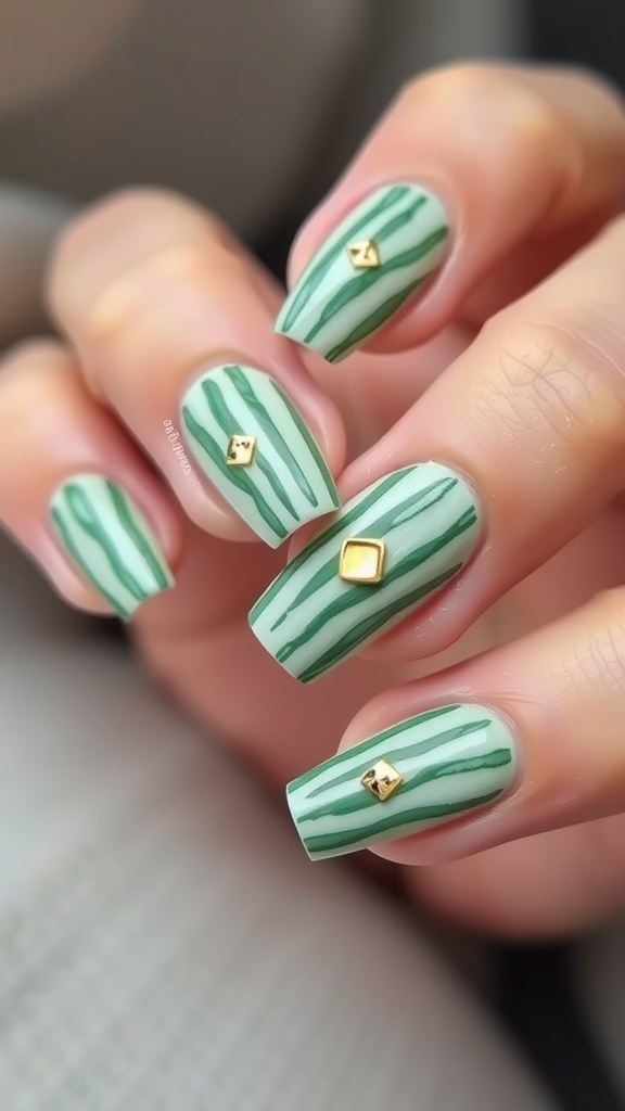 Nail art featuring green stripes and gold accents on nude nails.