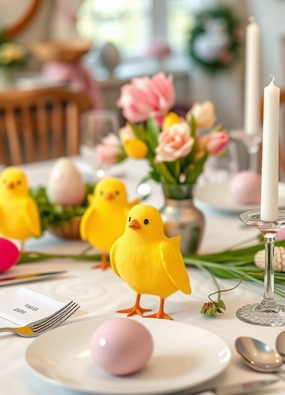 Table set for Easter with cute chick place cards and pink eggs.