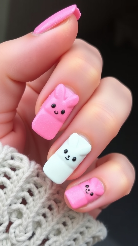 Nail art featuring cute bunny and pastel designs for Easter