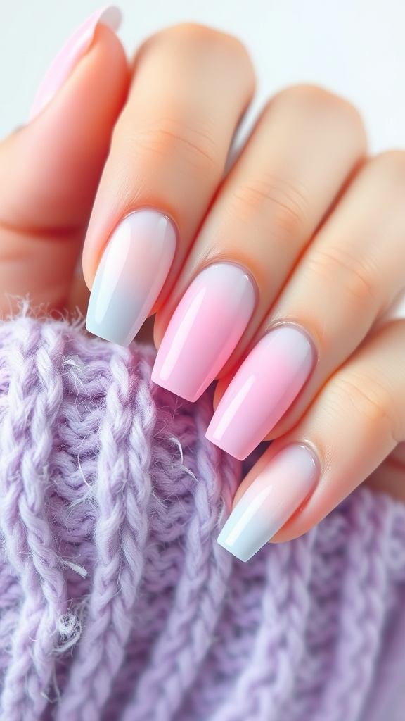 Ombre nails in pastel pink and blue with a knitted purple background.