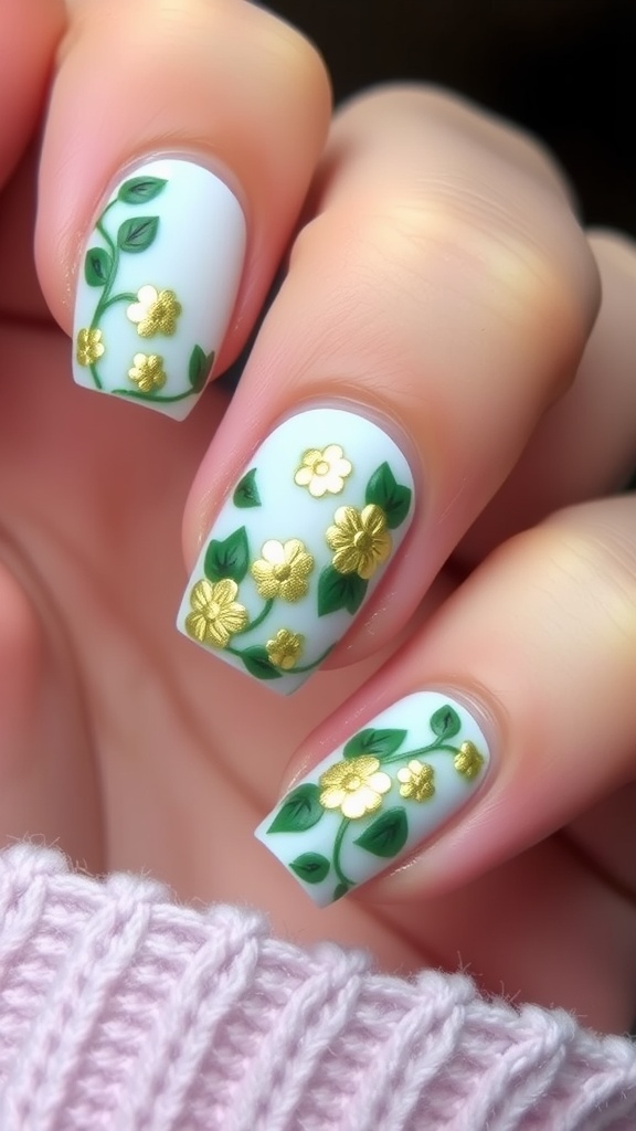 Nail art design with flower motifs and green vines