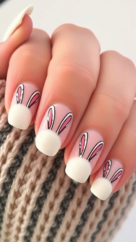 Nail art featuring fluffy bunny tails with pink and white colors.