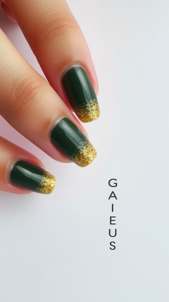 Nails painted in deep green with a glitter gradient that transitions to gold at the tips.