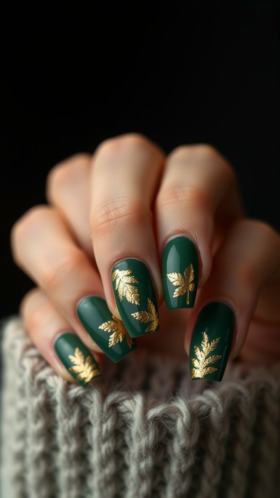 Green nails with gold foil leaf designs