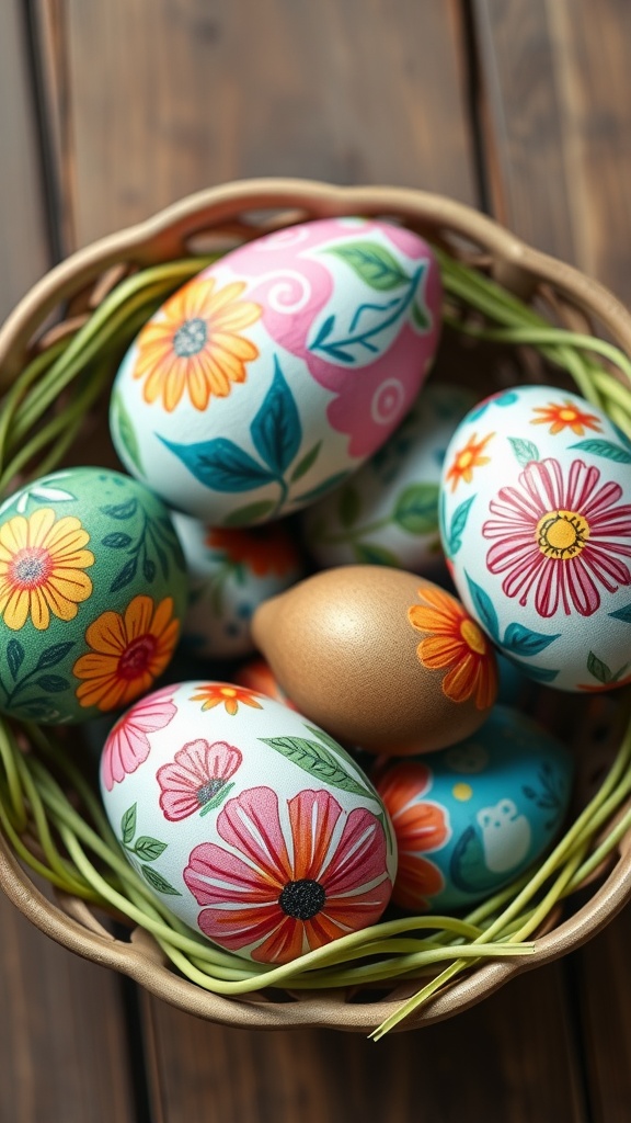 A collection of hand-painted Easter eggs in a basket with colorful floral designs.