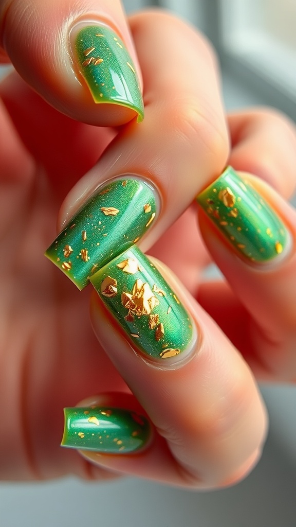 Nail art featuring holographic green polish with gold flakes.