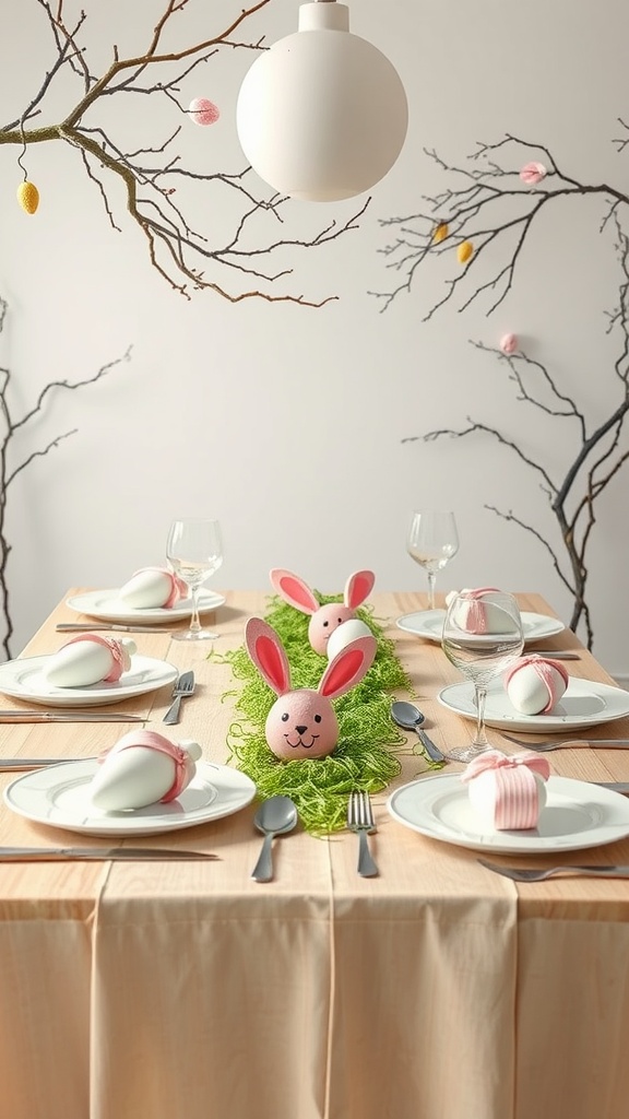 Easter table setting with DIY bunny and egg decorations.