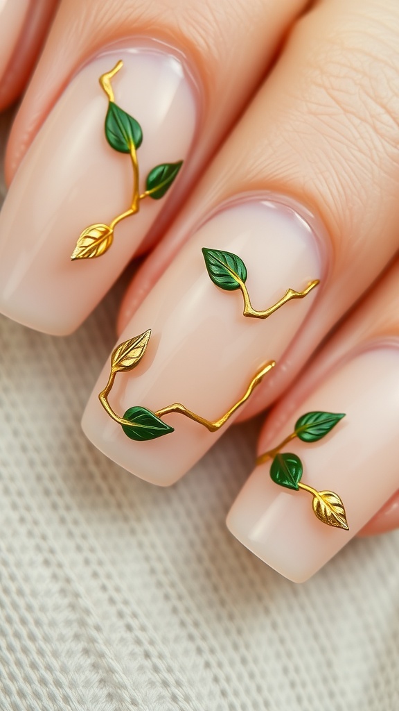 Close-up of nails featuring green leafy vine accents with gold outlines on a nude background.