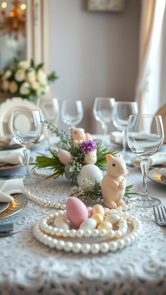 A beautifully set table with a pearl table runner, pastel eggs, and charming bunny decorations.