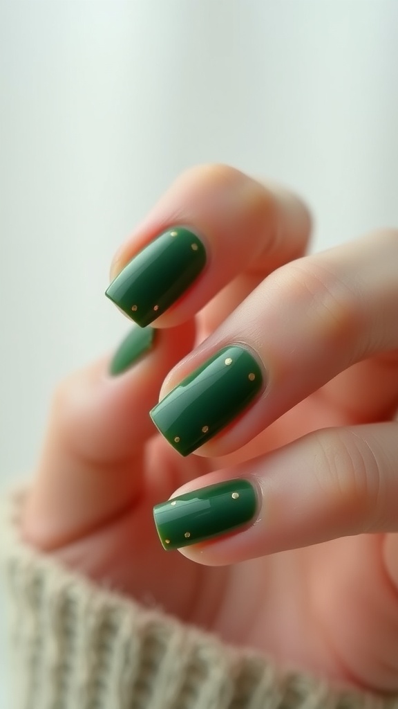 Minimalistic green nails with gold dots