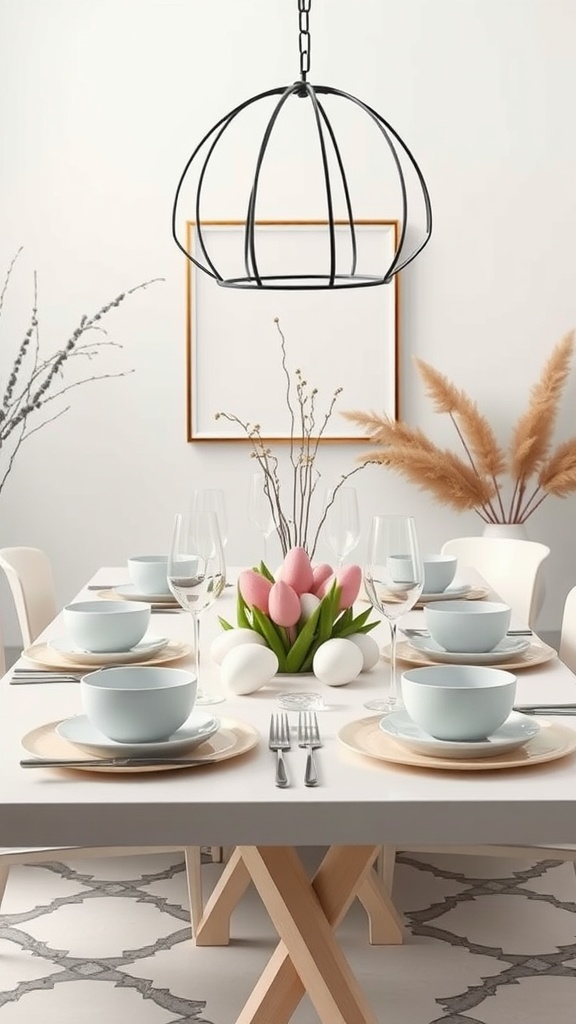 A modern Easter table setting featuring geometric designs with pastel colors and floral elements.
