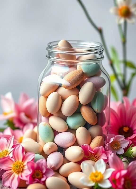 A jar filled with pastel chocolate-covered almonds surrounded by colorful flowers.