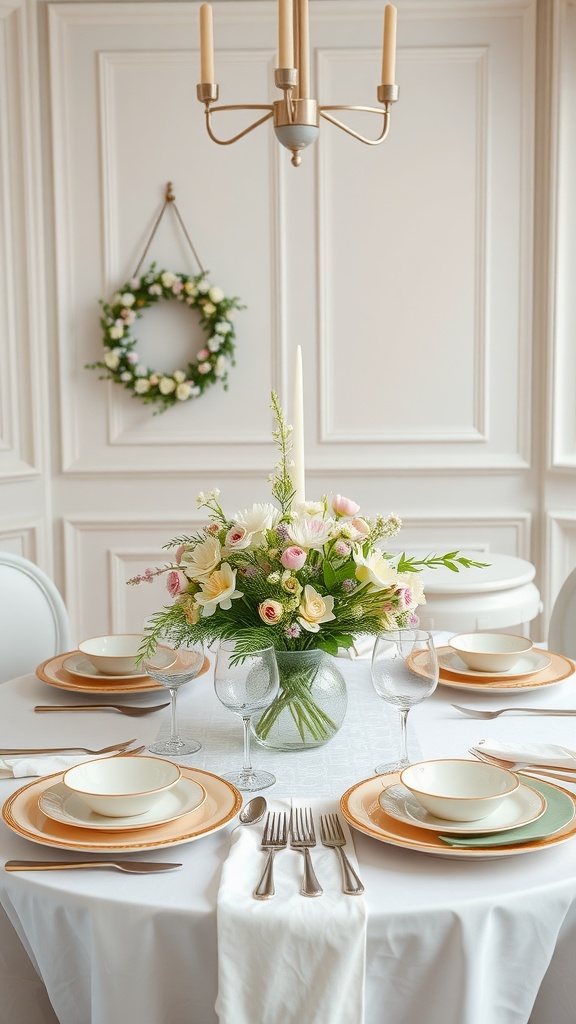 A beautifully set table featuring a pastel color palette with floral arrangements.