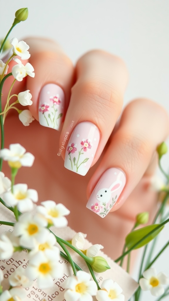 A hand with pastel-colored nails featuring floral designs and a bunny.