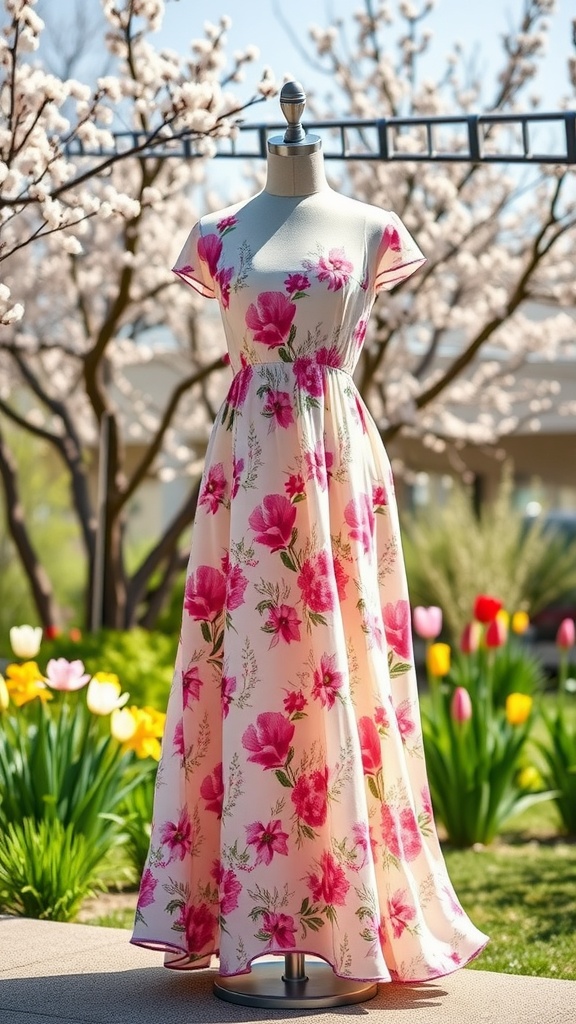 A pastel floral maxi dress displayed on a mannequin with blooming flowers in the background.