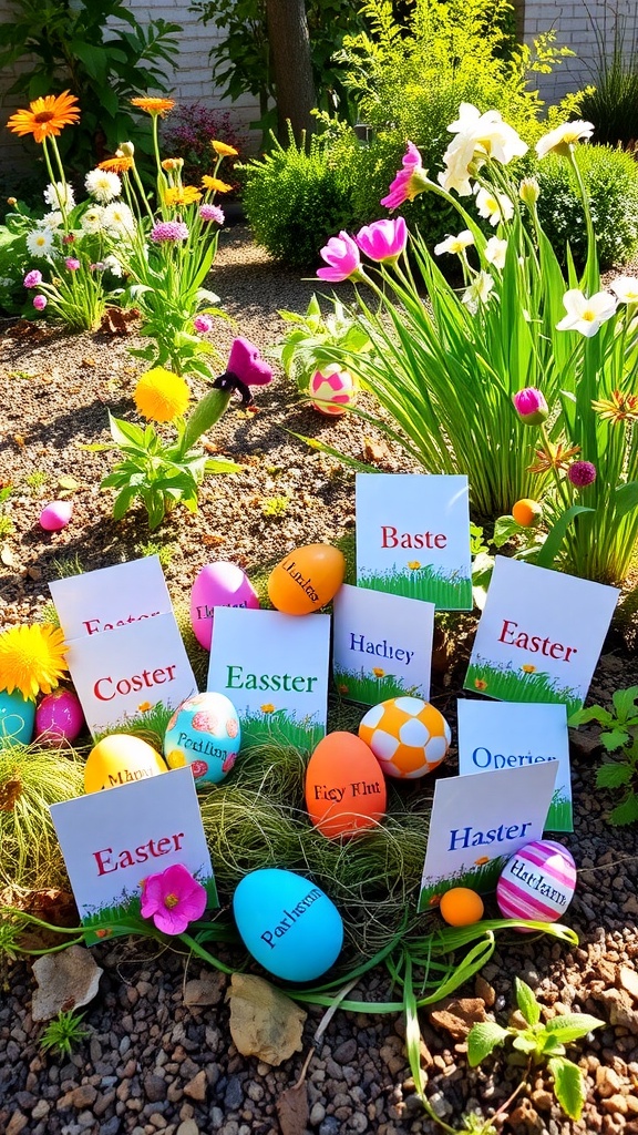 Colorful Easter eggs and signs in a garden setting for a personalized egg hunt.