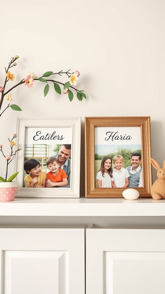 Two personalized photo frames on a shelf, one with a family photo and the other with a group photo, alongside a small flower pot and a decorative bunny.