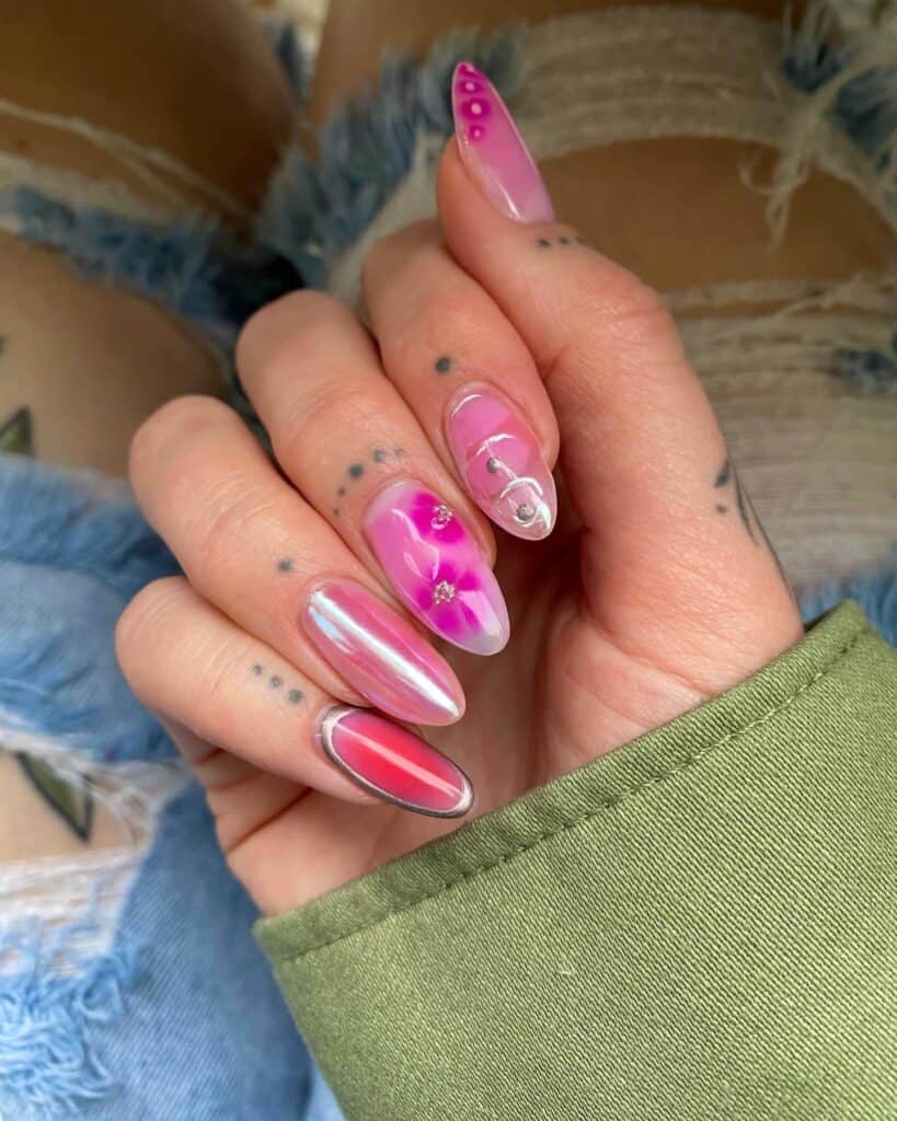 Explore a variety of pink nail designs, from bright and cute styles to festive Christmas nails with intricate patterns and decorations.