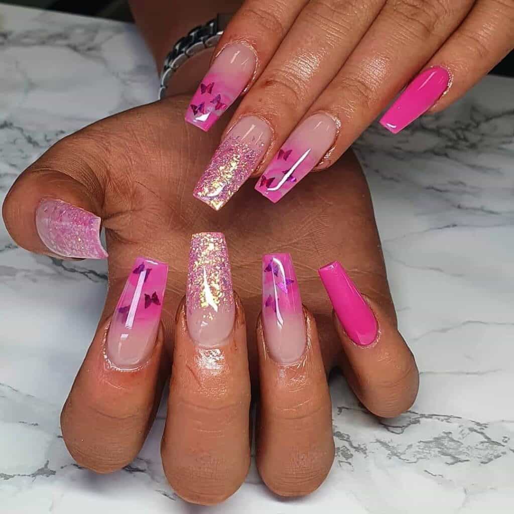 Explore a variety of pink nail designs, from bright and cute styles to festive Christmas nails with intricate patterns and decorations.