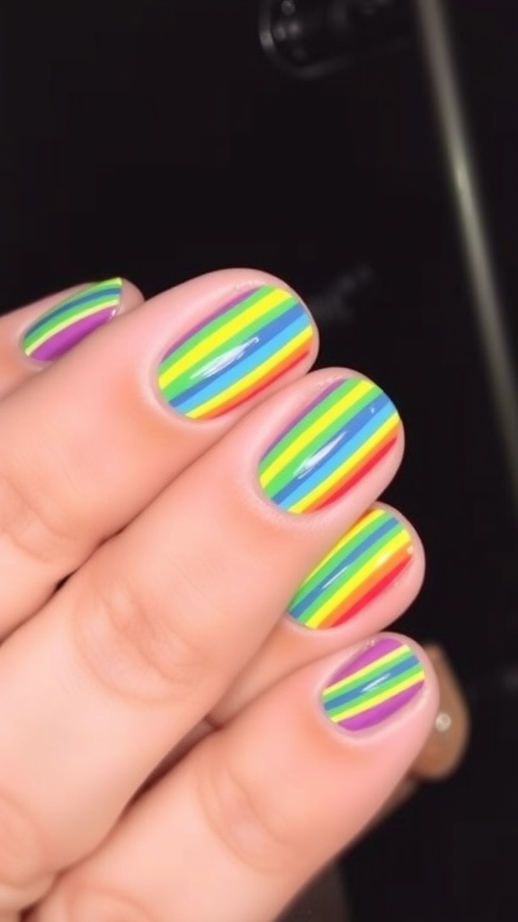 Colorful rainbow-striped nail art design on hands resting on green grass.