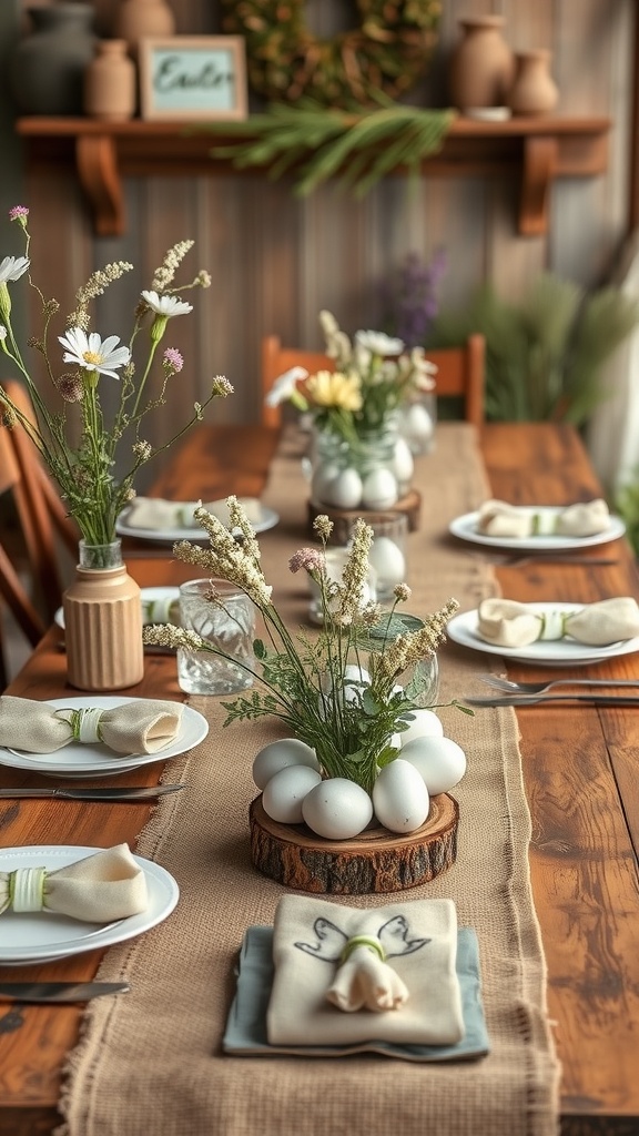 A rustic chic Easter table setting featuring flowers and eggs