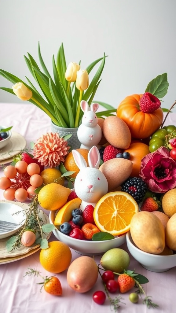A vibrant display of various seasonal fruits and vegetables arranged on a table.