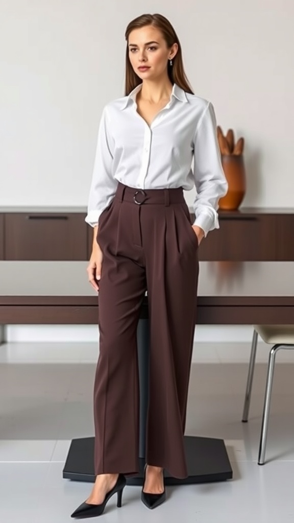 A woman wearing a white blouse with high-waisted brown trousers, standing confidently in a modern setting.