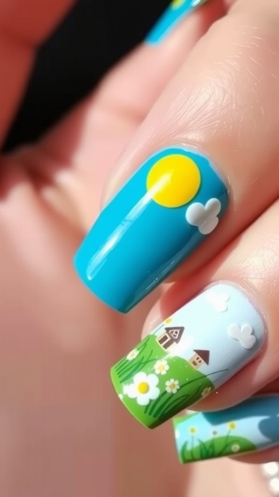 Nails featuring a spring landscape with flowers and a bright sky.