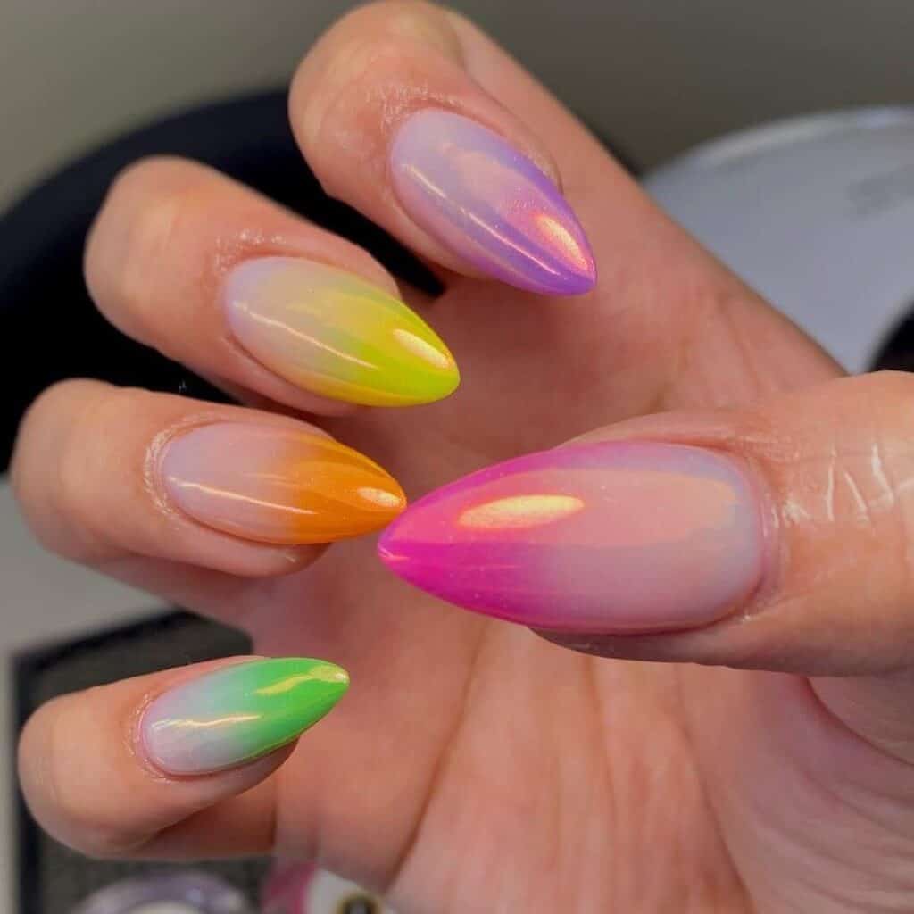 Cheerful and lively summer nail designs with bold hues of azure, rose, and lemon, showcasing seaside themes and flower motifs.