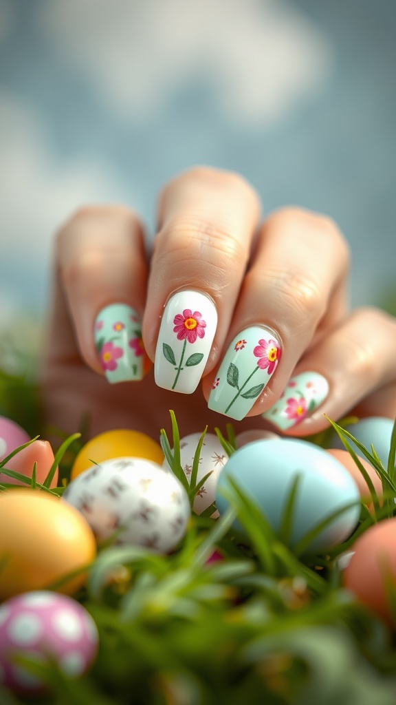 Colorful Easter eggs and flowers at sunrise with a bright sky.