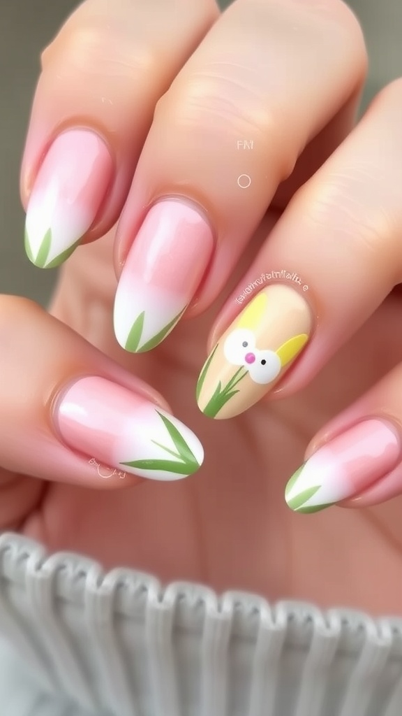 Nail art featuring watercolor tulips with real tulips in the background