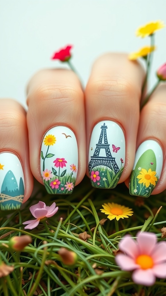 Whimsical Easter-themed nail art design with flowers and scenery