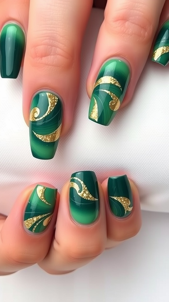 Close-up of green nails with gold swirl designs