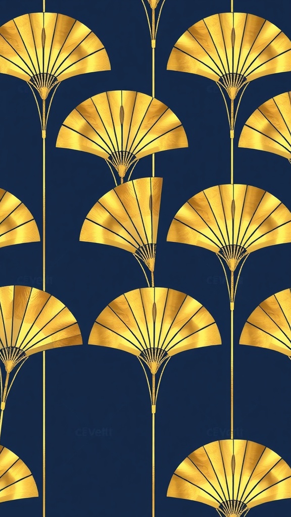 Art Deco wallpaper with gold fan patterns on a navy background