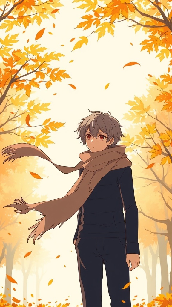 Anime character standing amidst autumn leaves with a scarf