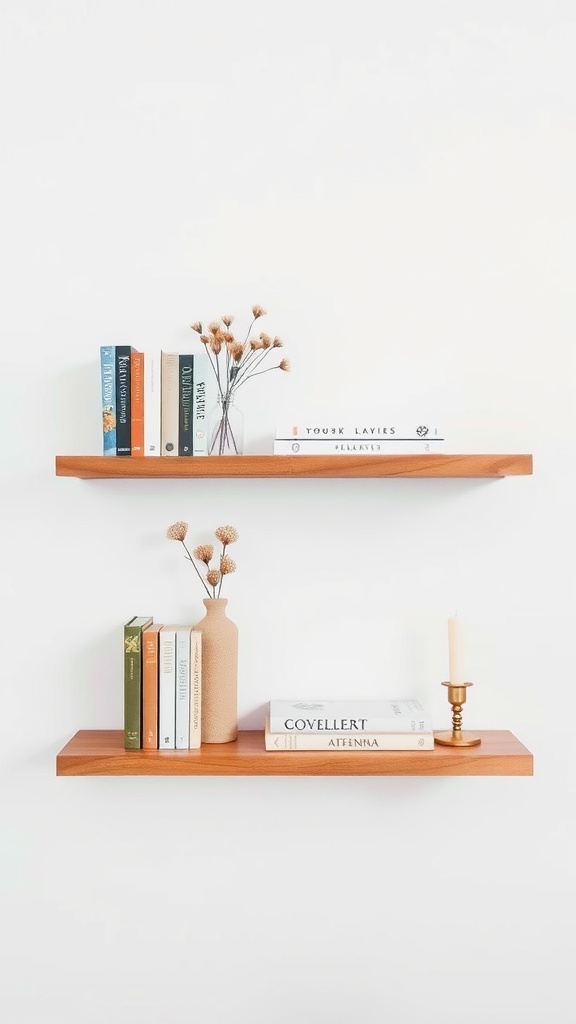 A minimalist shelf with books, a vase, and a candle.