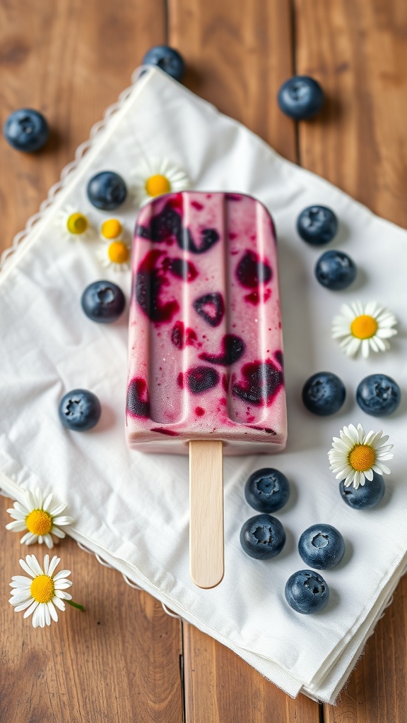 A blueberry popsicle surrounded by fresh blueberries and flowers on a wooden surface.
