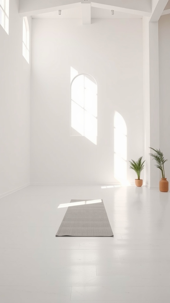 A minimalist yoga space with light streaming through windows and a yoga mat.